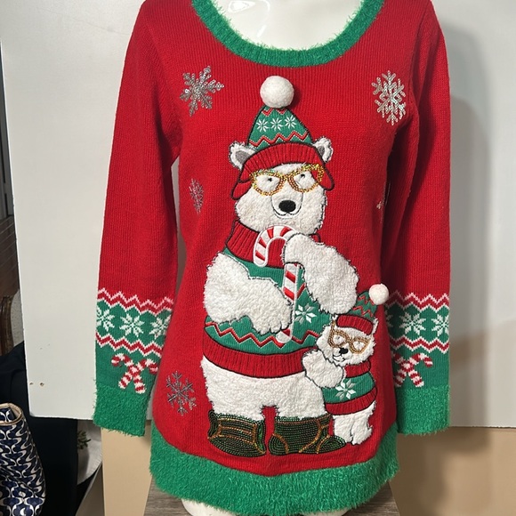 99 JANE STREET WOMEN UGLY CHRISTMAS SWEATER TUNIC POLAR BEAR SNOW FLAKES SIZE M - Picture 4 of 9